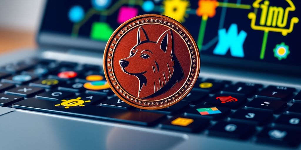 Experts Answered! Should I Invest In Dogecoin in 2025! 4 Close-up of Dogecoin on a laptop with icons.