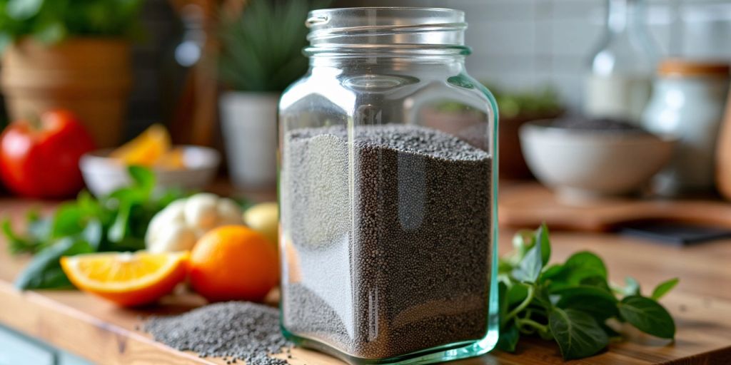 Glass jar filled with chia seeds on kitchen counter.