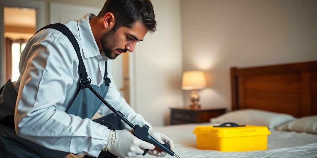 Exterminator treating a bedroom for bed bugs.