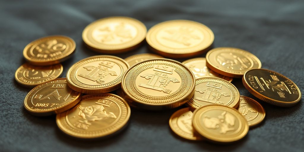 Collection de pièces d'or sur un coussin en velours.