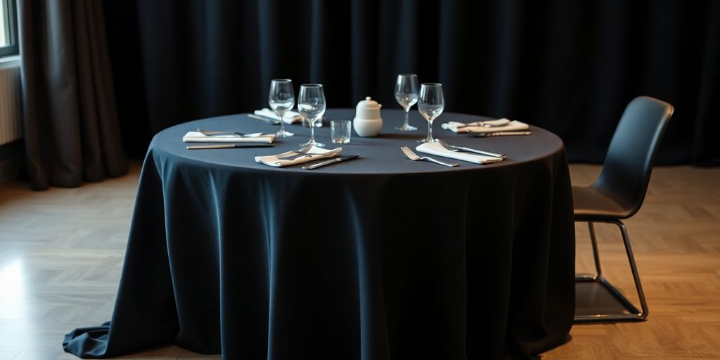Elegant black tablecloth on a stylishly set dining table.
