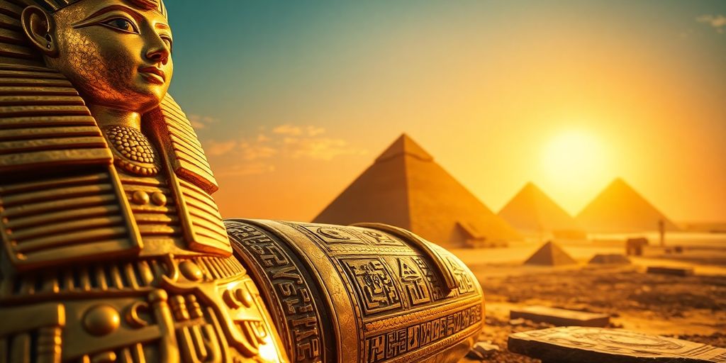 Or scintillant, sarcophage, hiéroglyphes, pyramide, soleil