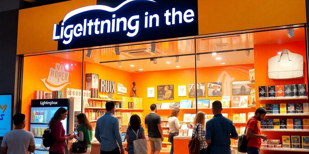 Busy Lightning in the Box store with shoppers browsing products.