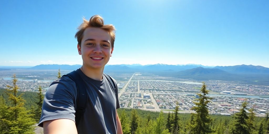 A young worker smiling with Anchorage mountains in the background.