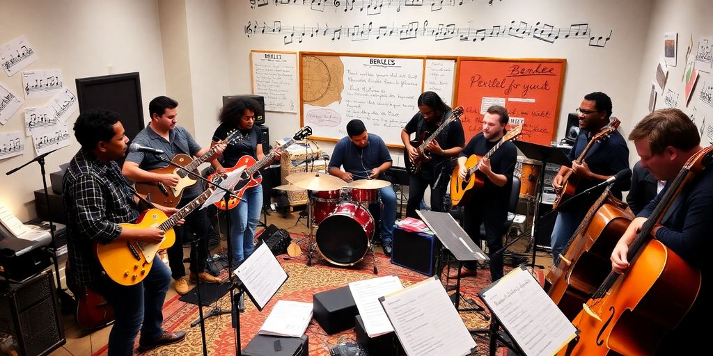 Diverse musicians collaborating in a Berklee University studio.