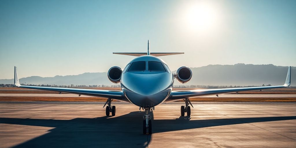Sleek private jet parked on a sunny tarmac.