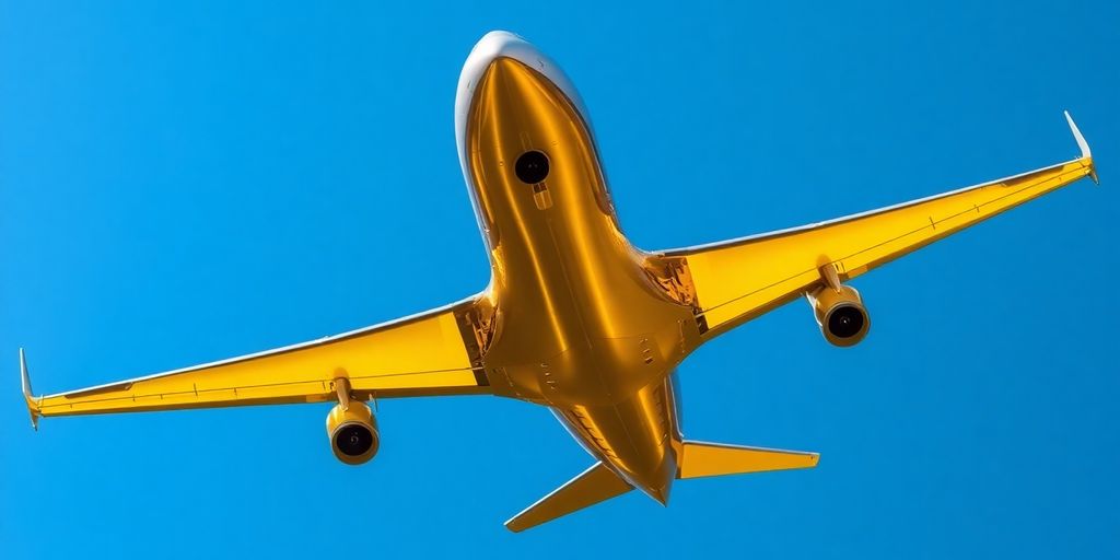 Avion moderne avec des accents dorés dans le ciel.