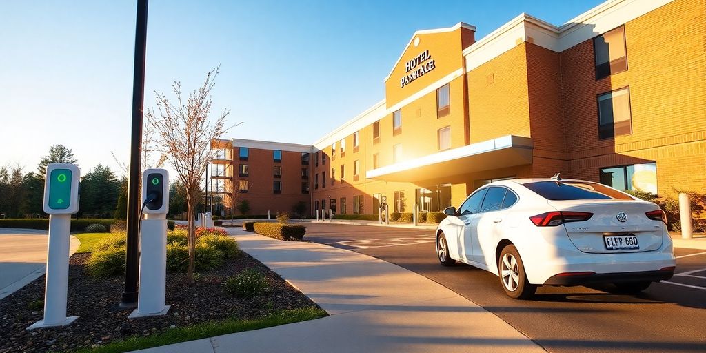 White electric car charging at midscale hotel entrance under sunlight