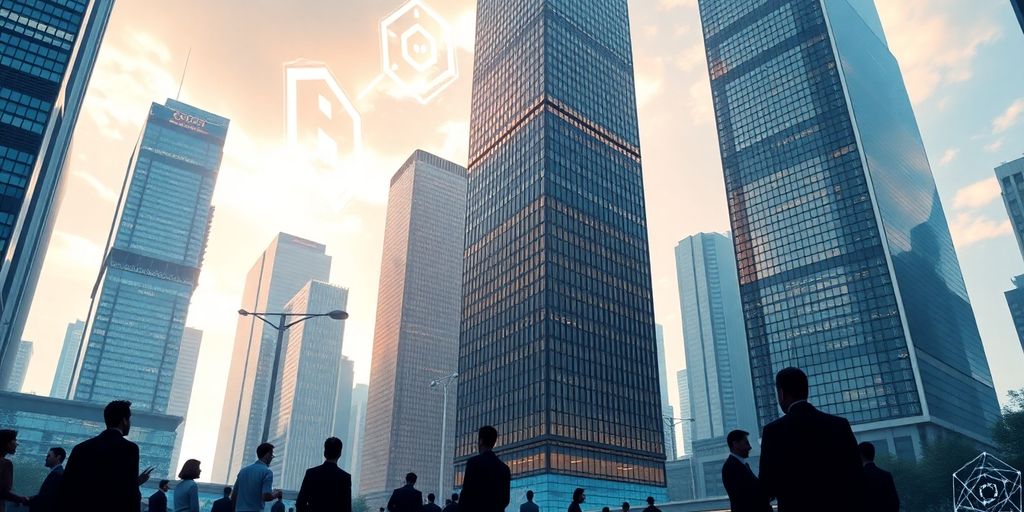 Vibrant financial district showcasing investment and blockchain technology.
