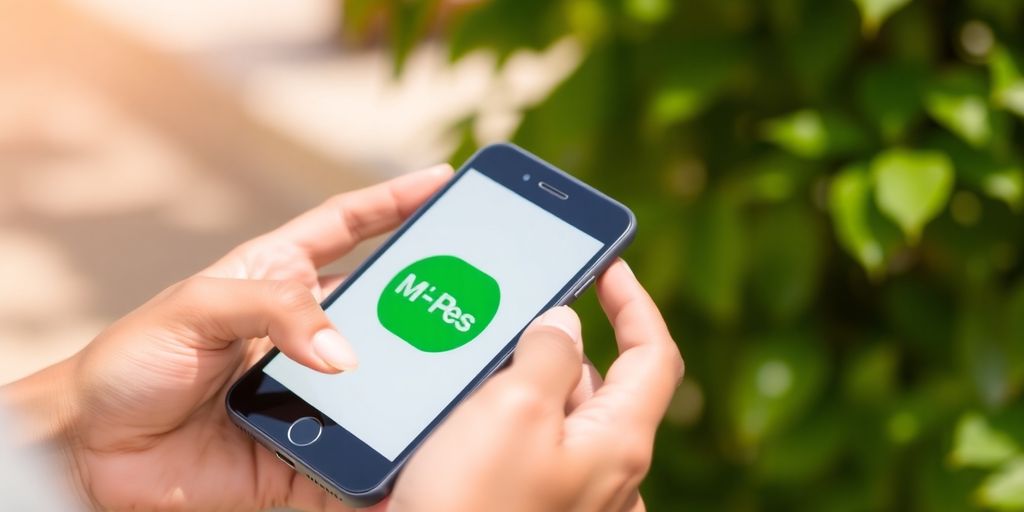Person using phone outside, Mpesa app visible.