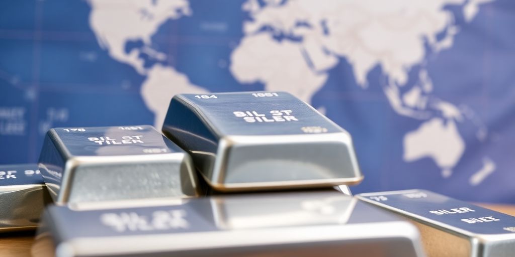 Lingots d'argent et carte du monde.