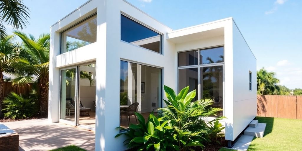 Modern prefab ADU surrounded by Florida greenery and sunshine.