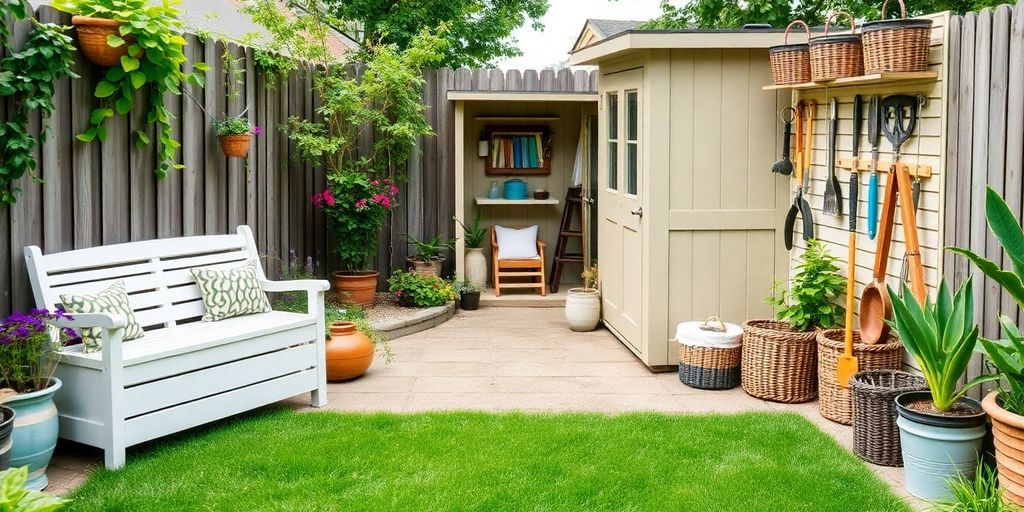 Outdoor storage solutions in a well-organized backyard.