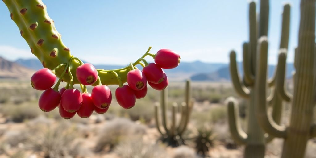 Frutos rojos maduros en cactus en el desierto sonorense.