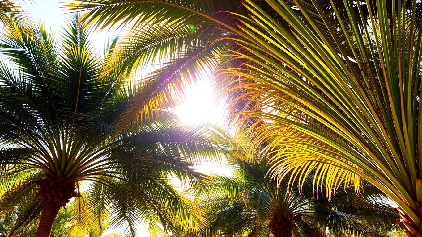 Colorful palm trees under bright sunlight.