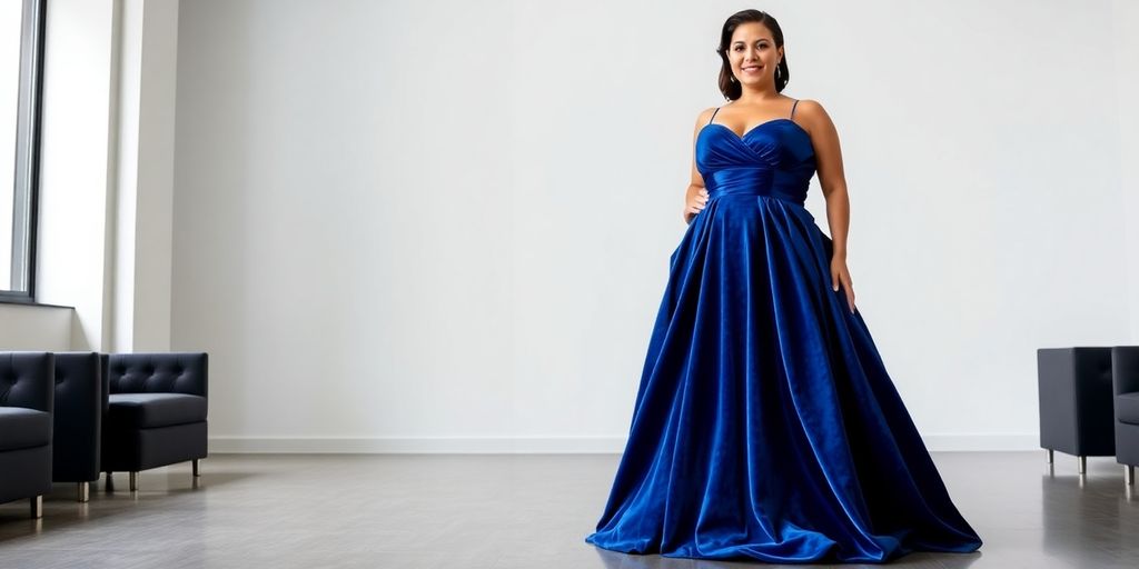 A plus-size woman wearing a stunning, elegant formal gown.