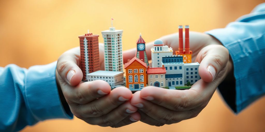 Intertwined hands holding miniature buildings