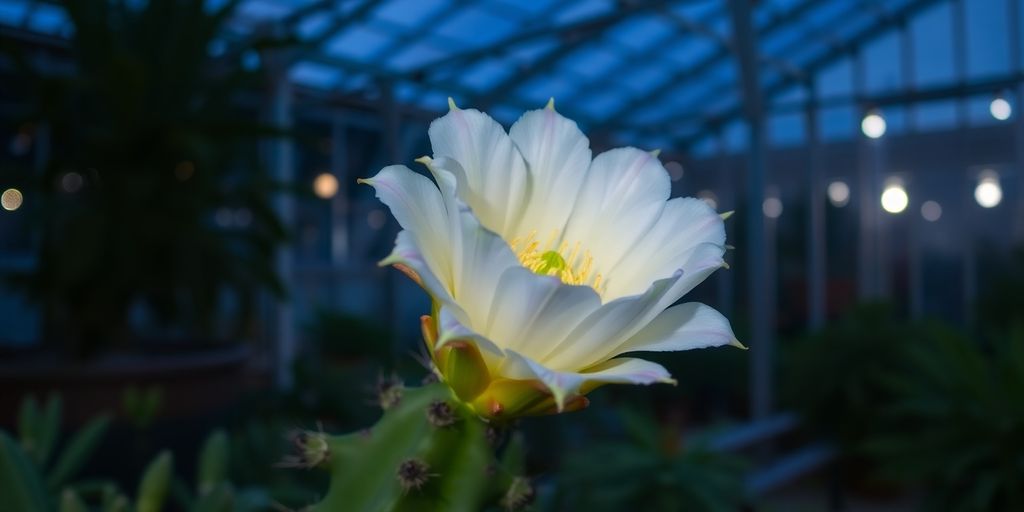 Cactus floreciendo de noche en invernadero urbano