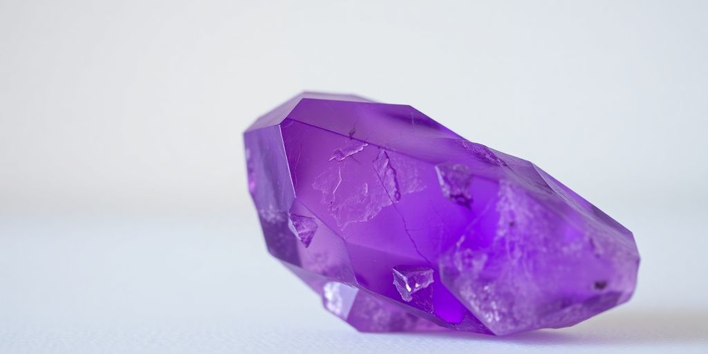 Cristallo di ametista lucido su sfondo neutro.