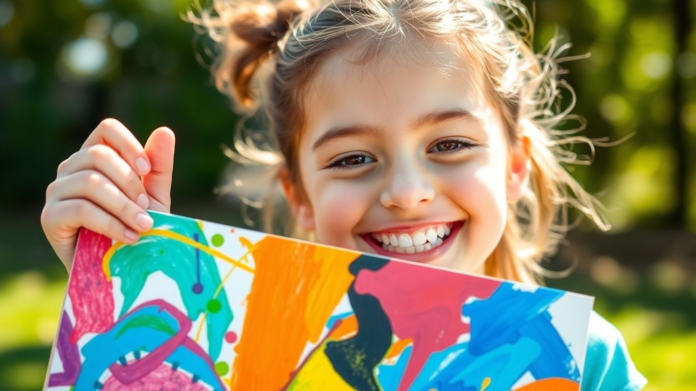 Child proudly holding colorful abstract artwork with a big smile.