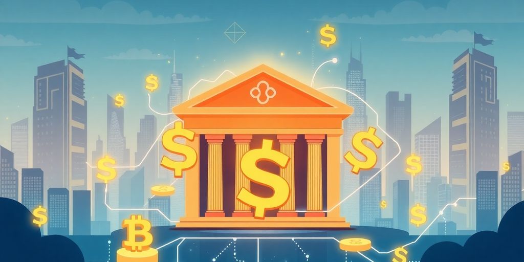 Digital currency symbols with traditional bank buildings in background.