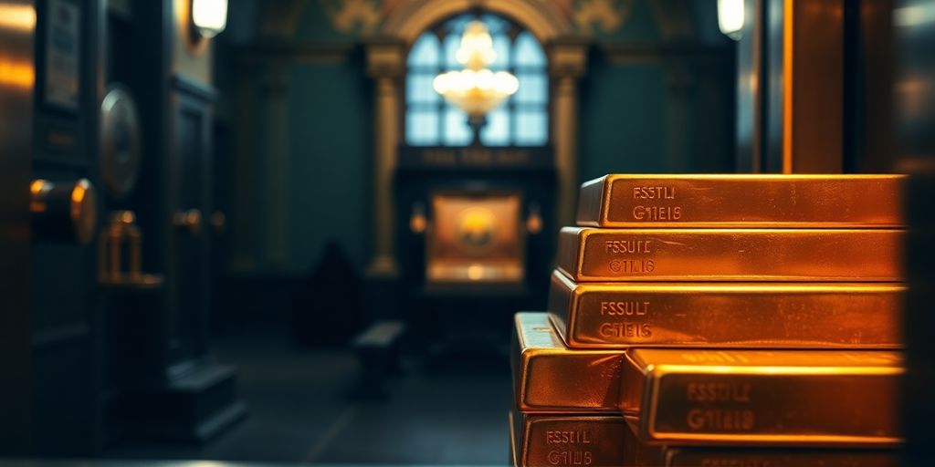 Barres d'or empilées dans un coffre-fort sécurisé.