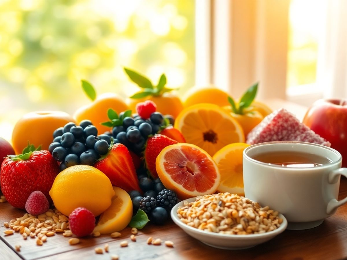 Cenário de café da manhã saudável com frutas e grãos.
