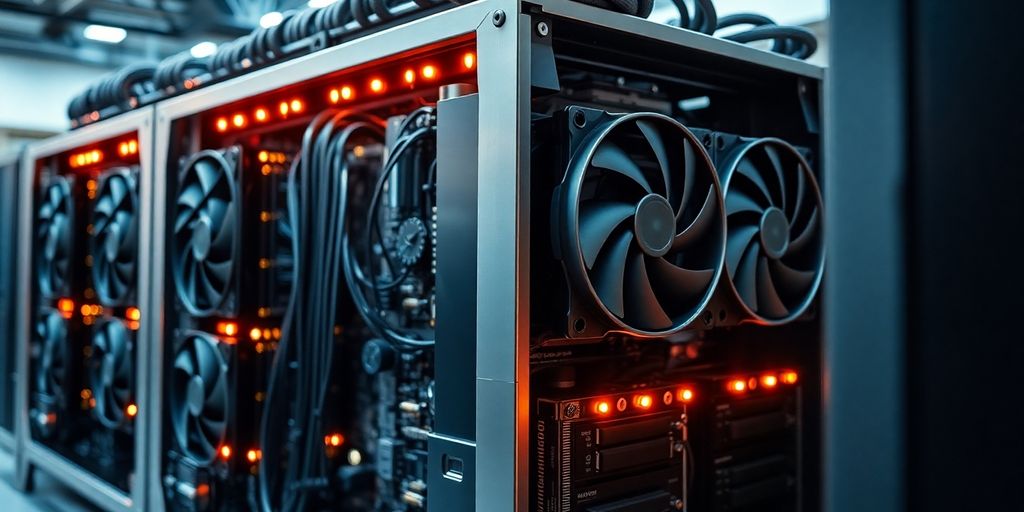 ASIC mining rig with glowing lights.