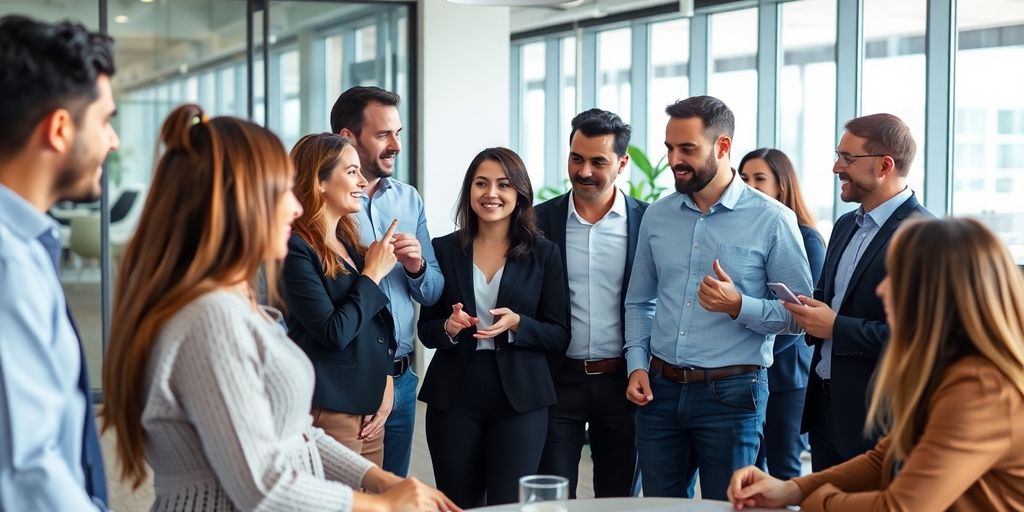 Diverse professionals collaborating in a modern finance office.