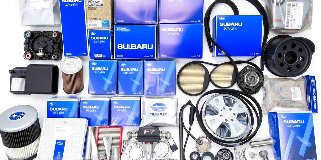 Subaru car parts laid out neatly.