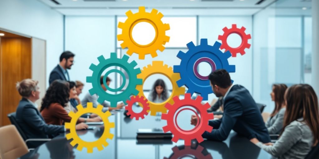 Diverse team collaborating, colorful overlapping gears.