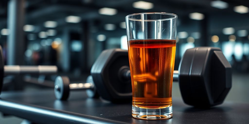Alcohol and dumbbells on a gym bench.