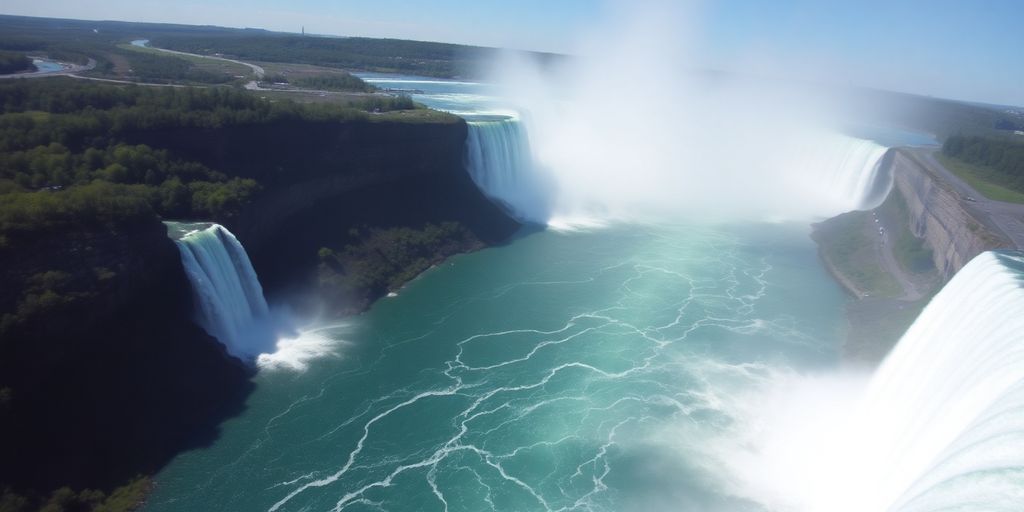 An aerial view of Niagara Falls from a helicopter.
