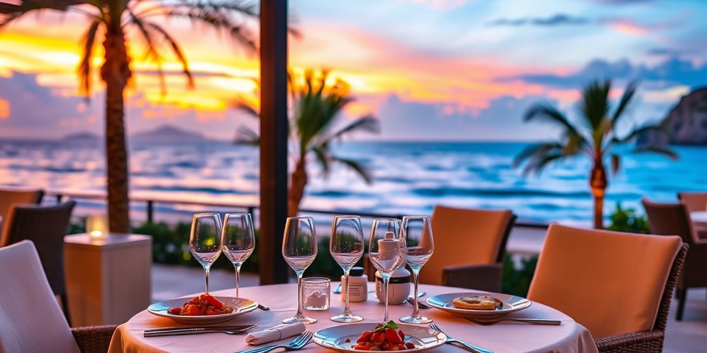 Elegant dining, ocean view, Cabo resort at sunset.
