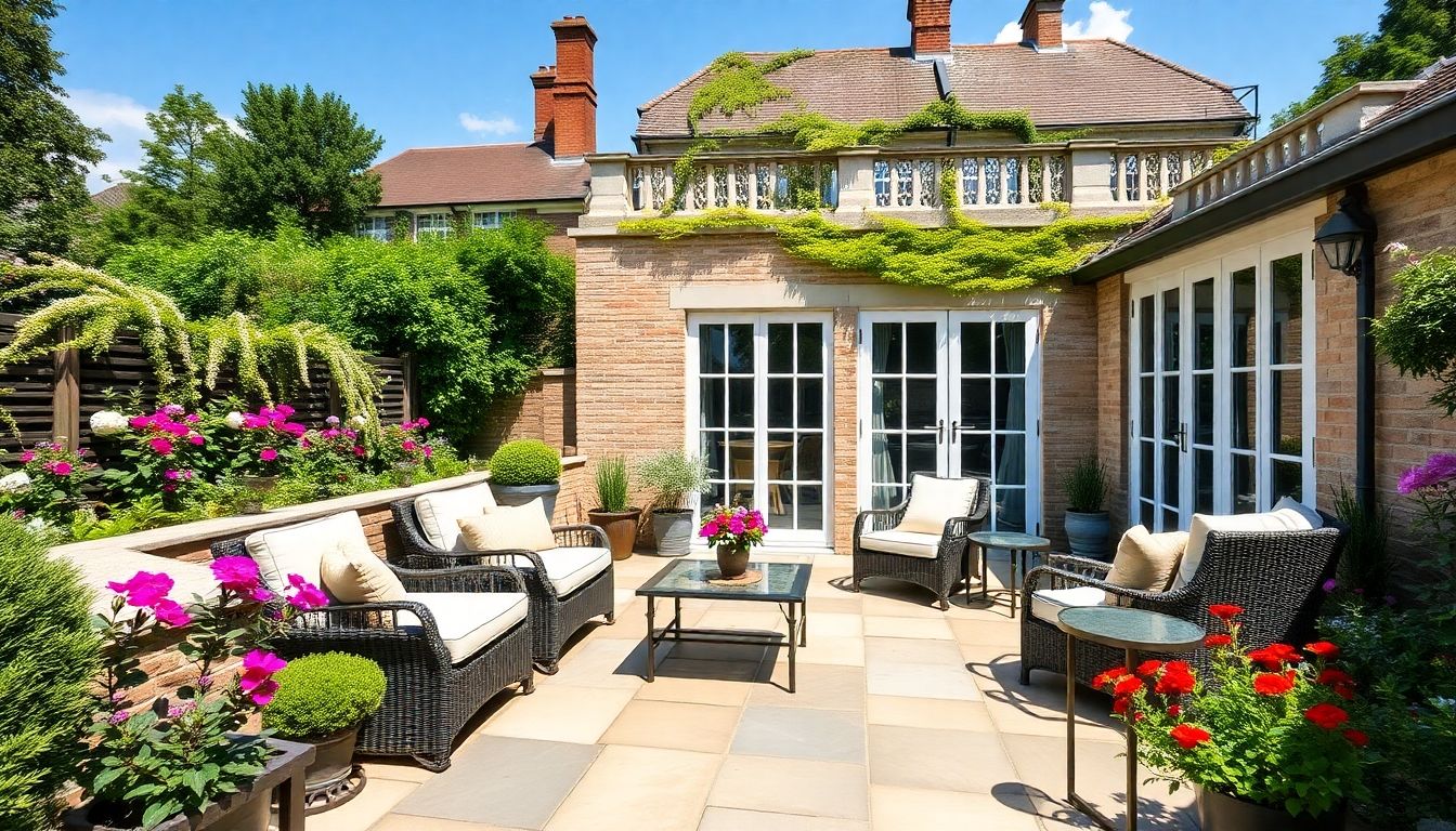 Elegant patio in a London garden with greenery.