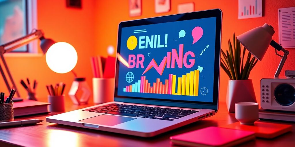 Vibrant digital workspace with laptop and creative tools.