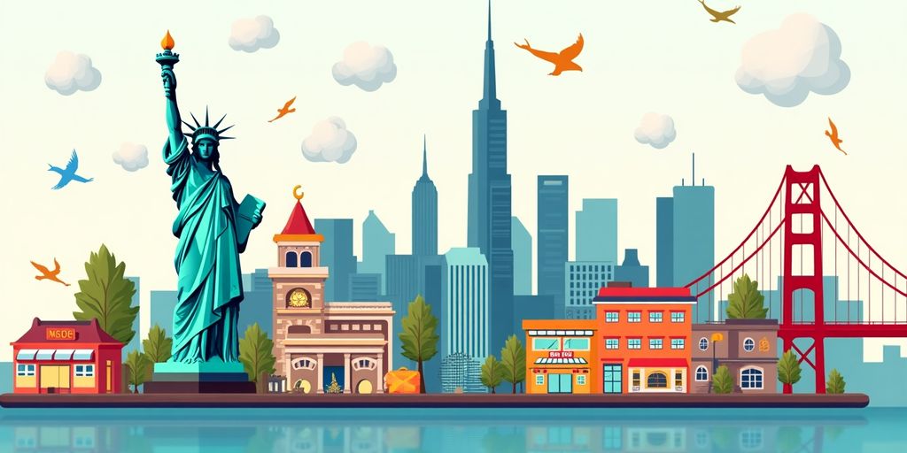 Ilustración de monumentos y temas de compras en América del Norte.