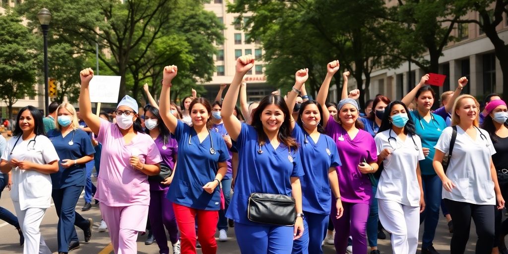 Health care workers marching in solidarity during a strike.