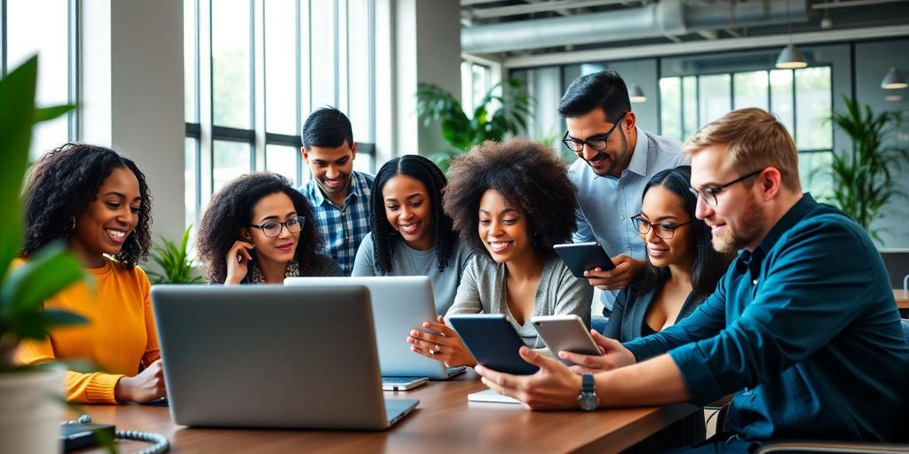 Empreendedores diversos utilizando tecnologia em um espaço moderno.
