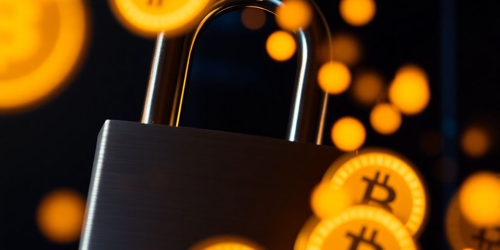 Digital padlock, glowing cryptocurrency coins, dark background.