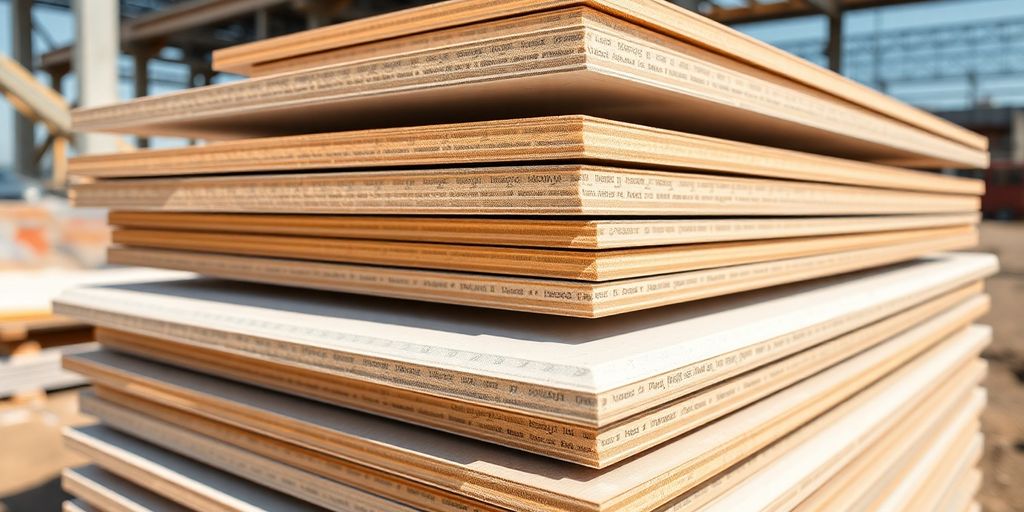 Close-up of PU sandwich panels at a construction site.