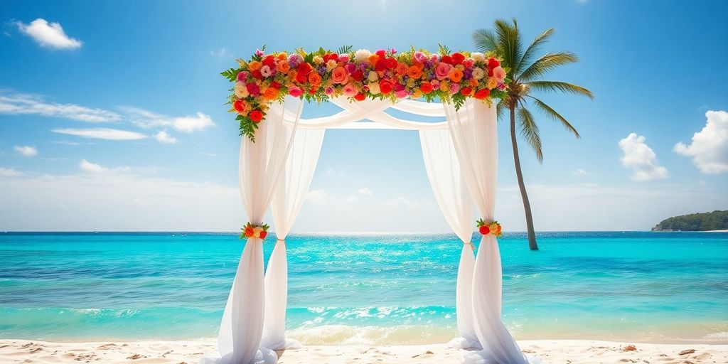 Beach wedding arch, ocean background, sunny sky.