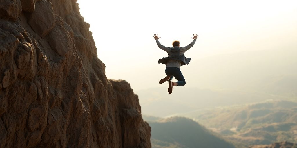 Person bravely leaping over a chasm towards a bright horizon.