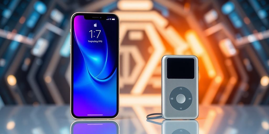 Modern iPhone and iPod 17 against a futuristic backdrop.