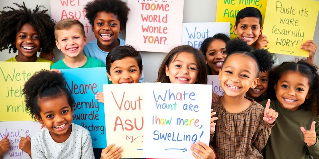 Children smiling with motivational posters.