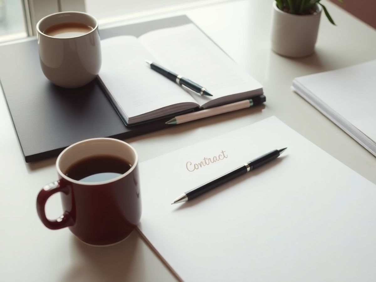 Birou curat cu caiet, pix și cafea.