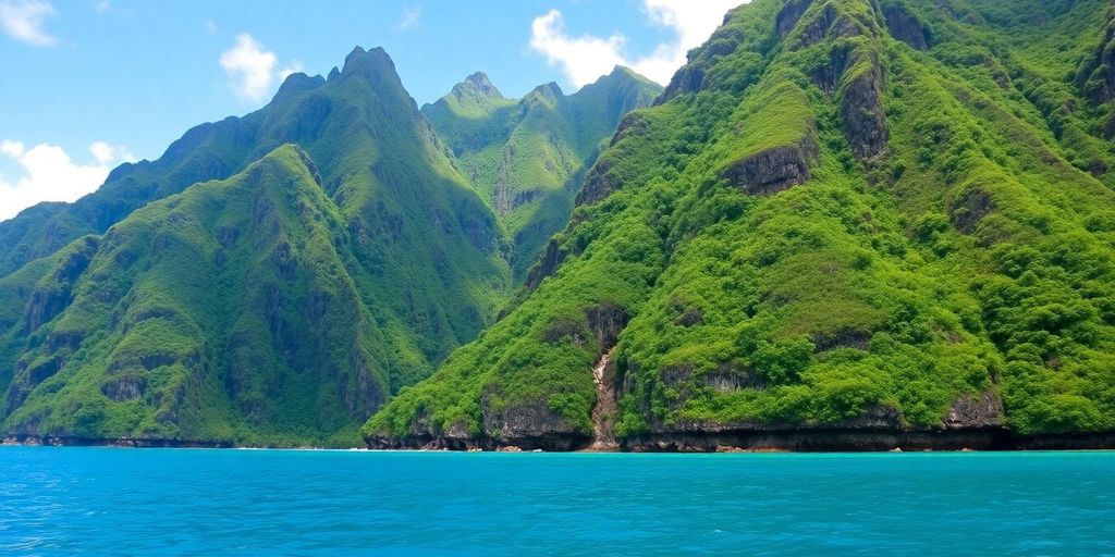 Lush green cliffs meeting turquoise waters on Fatu Hiva.