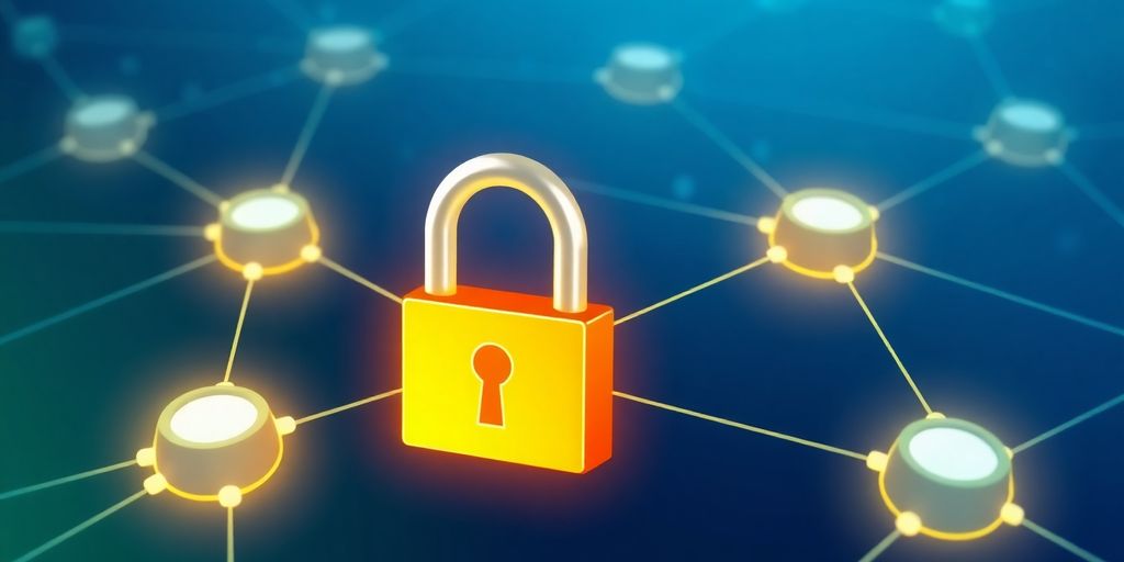 Illustrative blockchain nodes with a digital lock for security.