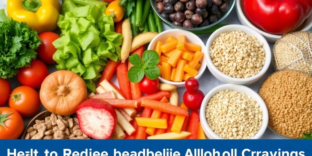 Nutritious foods on a table to combat alcohol cravings.