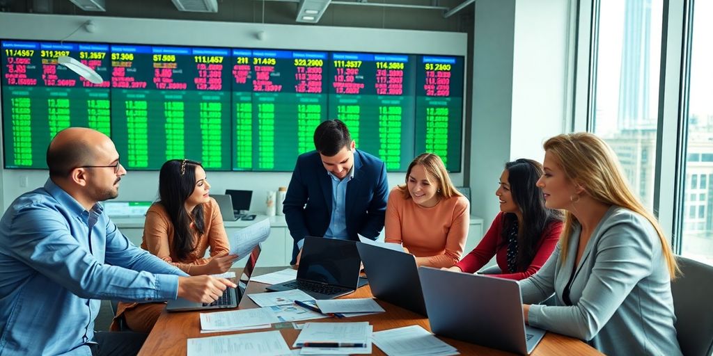 Group discussing share market trading basics at a table.
